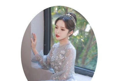 Flower Gown Puff-Sleeve Evening Sequin Embroidered A-Line