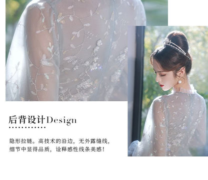 Flower Gown Puff-Sleeve Evening Sequin Embroidered A-Line