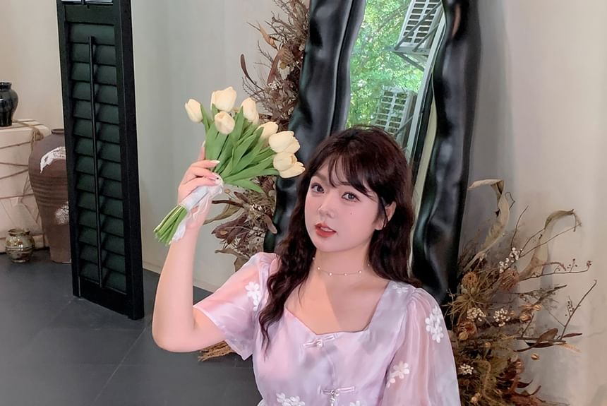 Plus Size Short-Sleeve Floral Embroidered Frog Button Midi A-Line Dress