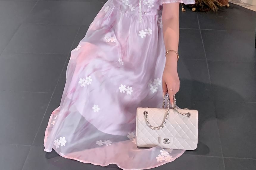 Plus Size Short-Sleeve Floral Embroidered Frog Button Midi A-Line Dress