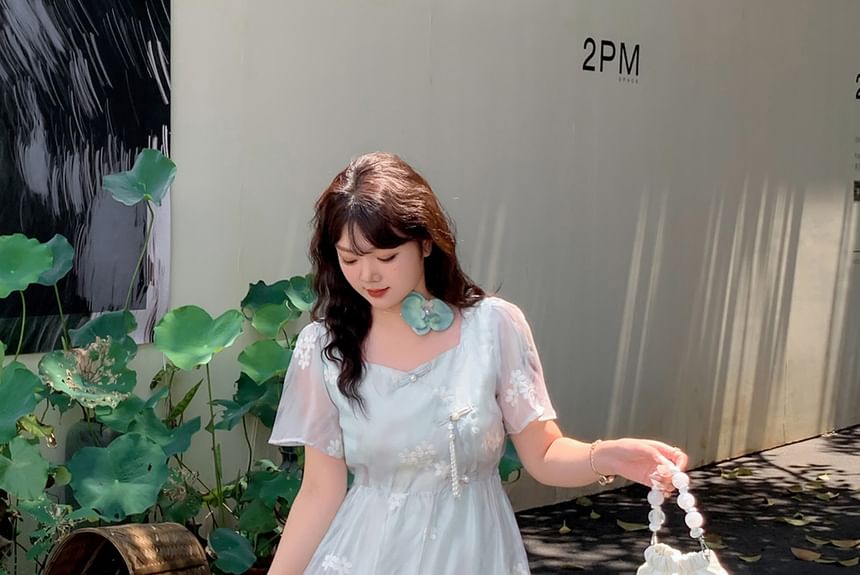 Plus Size Short-Sleeve Floral Embroidered Frog Button Midi A-Line Dress