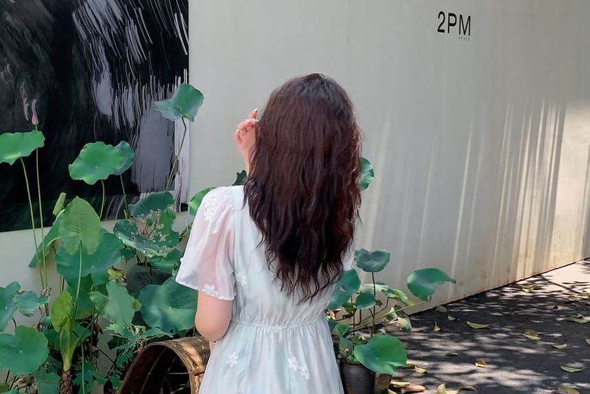 Plus Size Short-Sleeve Floral Embroidered Frog Button Midi A-Line Dress