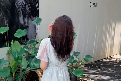 Plus Size Short-Sleeve Floral Embroidered Frog Button Midi A-Line Dress