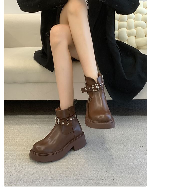 Platform Plain Grommet Buckled Faux Leather Short Boots