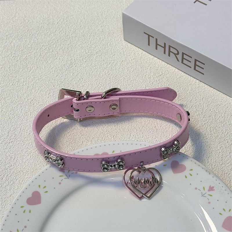 Rhinestone Heart Faux Leather Choker