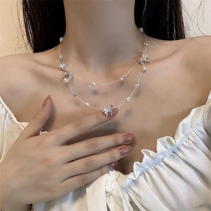 Faux Pearl Butterfly Layered Necklace