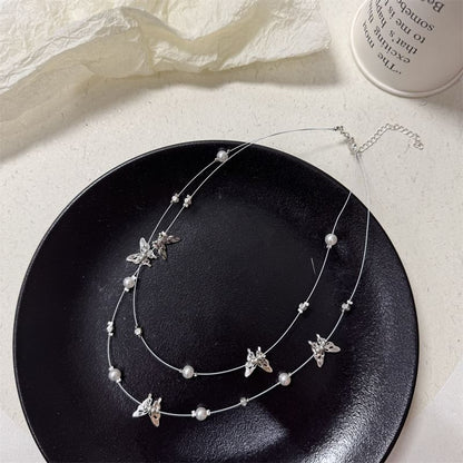 Faux Pearl Butterfly Layered Necklace