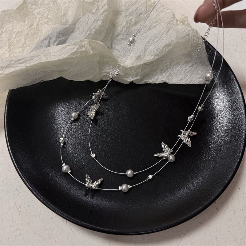 Faux Pearl Butterfly Layered Necklace