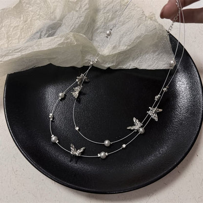 Faux Pearl Butterfly Layered Necklace