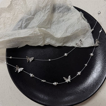 Faux Pearl Butterfly Layered Necklace