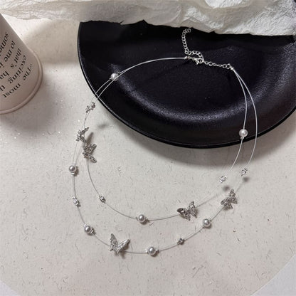 Faux Pearl Butterfly Layered Necklace