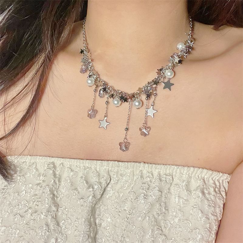 Star Beaded Faux Pearl Necklace