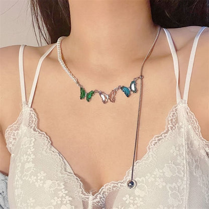 Rhinestone Butterfly Faux Pearl Necklace
