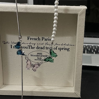 Rhinestone Butterfly Faux Pearl Necklace