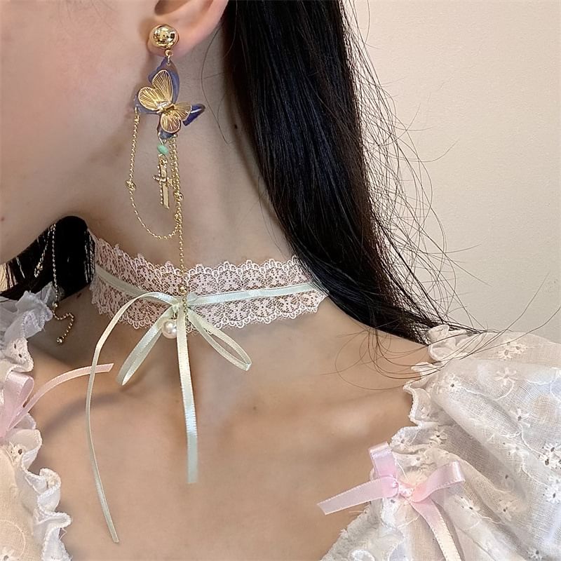 Bow Lace Choker / Butterfly Cross Drop Earring