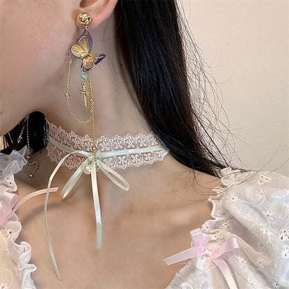 Bow Lace Choker / Butterfly Cross Drop Earring