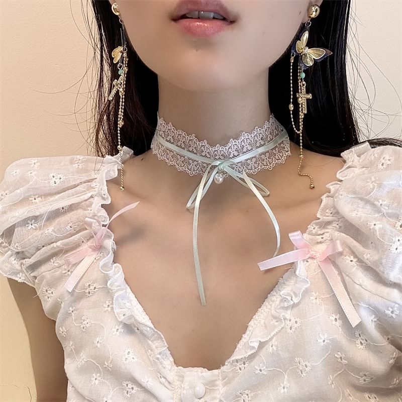 Bow Lace Choker / Butterfly Cross Drop Earring
