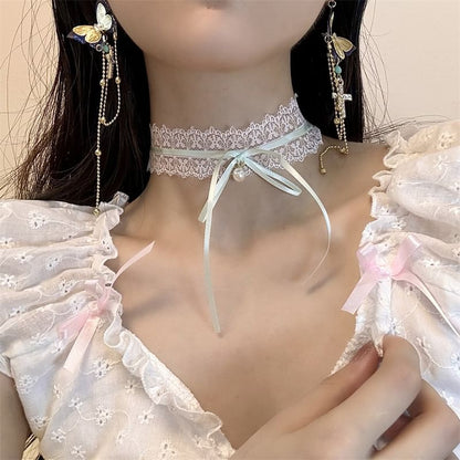 Bow Lace Choker / Butterfly Cross Drop Earring