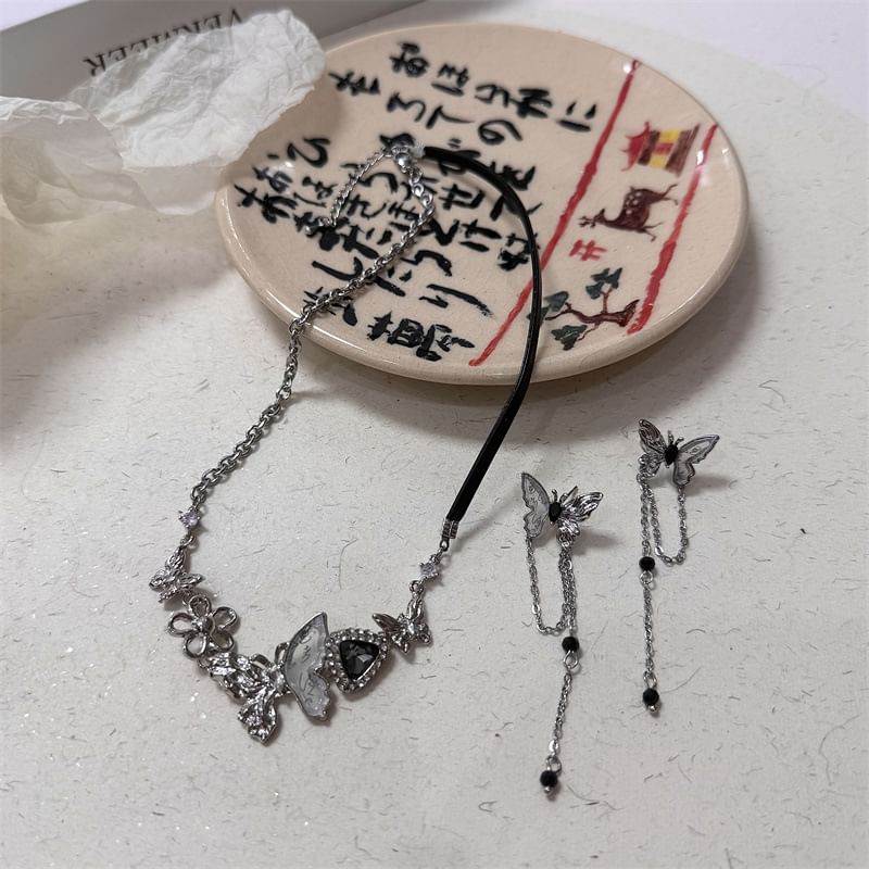 Rhinestone Butterfly Necklace / Drop Earring