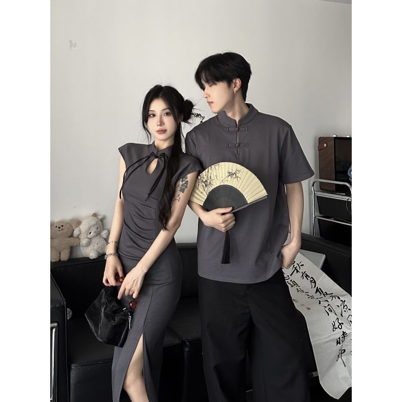 Couple Matching Cap-Sleeve Plain Cutout Ruched Frog Buttoned Slit Midi Sheath Qipao / Elbow-Sleeve Stand Collar Tee / Wide Leg Suit Pants / Set
