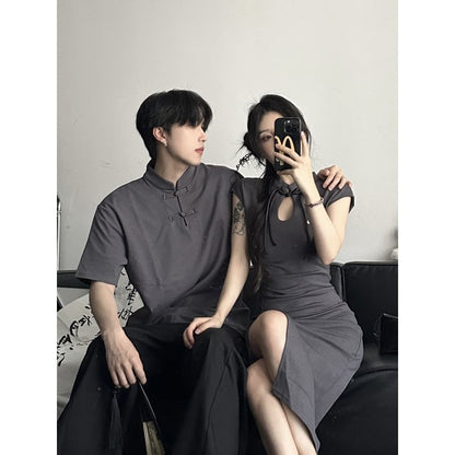 Couple Matching Cap-Sleeve Plain Cutout Ruched Frog Buttoned Slit Midi Sheath Qipao / Elbow-Sleeve Stand Collar Tee / Wide Leg Suit Pants / Set