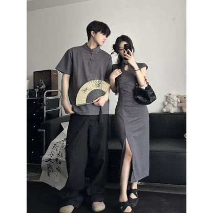 Couple Matching Cap-Sleeve Plain Cutout Ruched Frog Buttoned Slit Midi Sheath Qipao / Elbow-Sleeve Stand Collar Tee / Wide Leg Suit Pants / Set