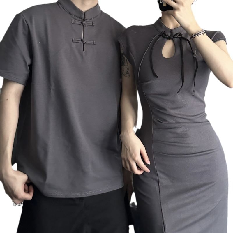 Couple Matching Cap-Sleeve Plain Cutout Ruched Frog Buttoned Slit Midi Sheath Qipao / Elbow-Sleeve Stand Collar Tee / Wide Leg Suit Pants / Set