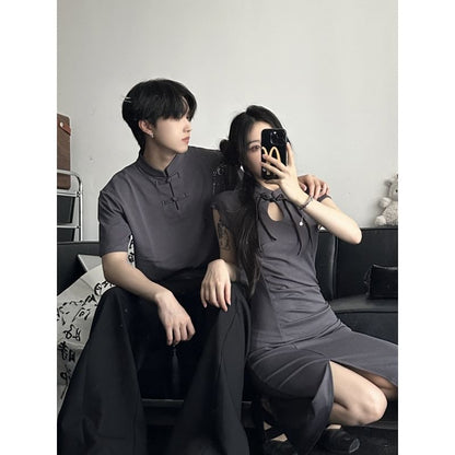 Couple Matching Cap-Sleeve Plain Cutout Ruched Frog Buttoned Slit Midi Sheath Qipao / Elbow-Sleeve Stand Collar Tee / Wide Leg Suit Pants / Set