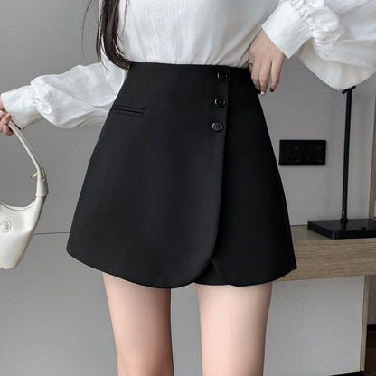 High Waist Plain Asymmetrical Button Front Skort