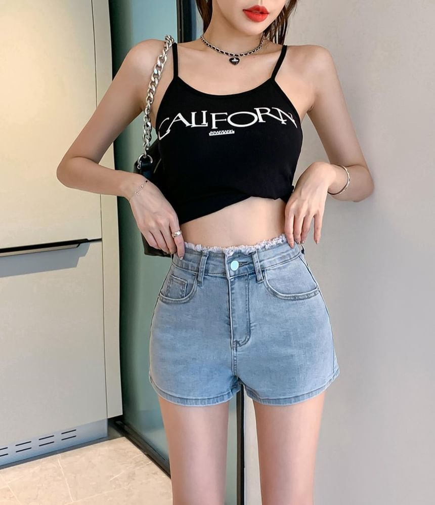 Short en jean taille haute à imprimé ruban