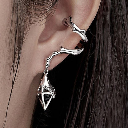 Gothic Punk Black Metal Ear Cuff Earrings With Black Crystal