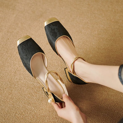 Square Cap Toe Ankle Strap Jacquard Sandals