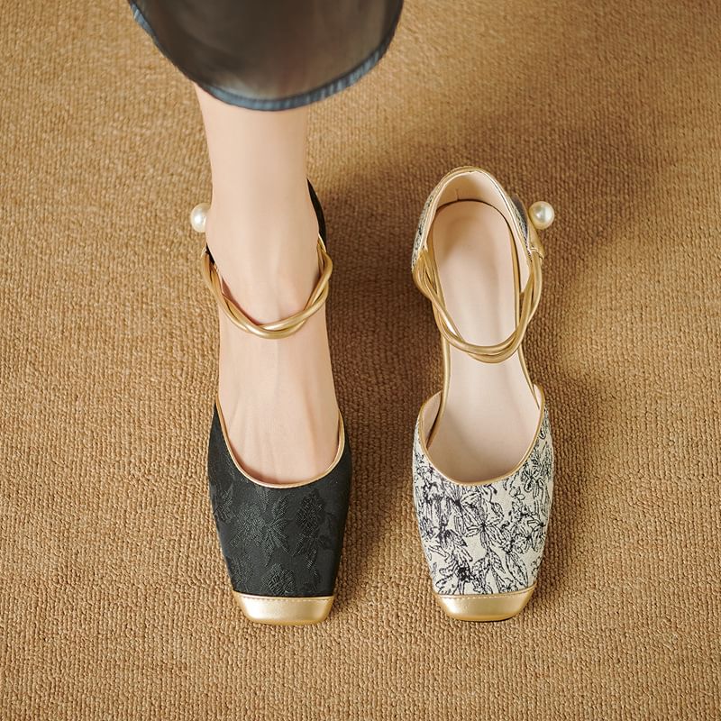 Square Cap Toe Ankle Strap Jacquard Sandals