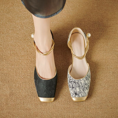 Square Cap Toe Ankle Strap Jacquard Sandals