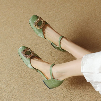 Square Toe Rhinestone Buckled D'Orsay Ankle Strap Sandals