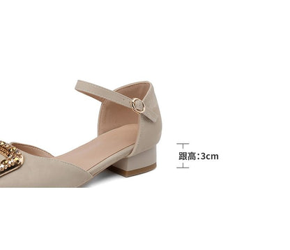 Square Toe Rhinestone Buckled D'Orsay Ankle Strap Sandals
