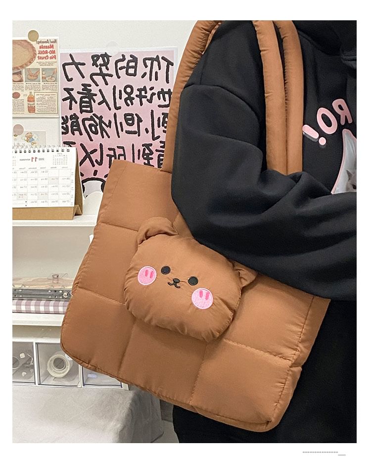 Quilted Nylon Applique Bear Tote Bag