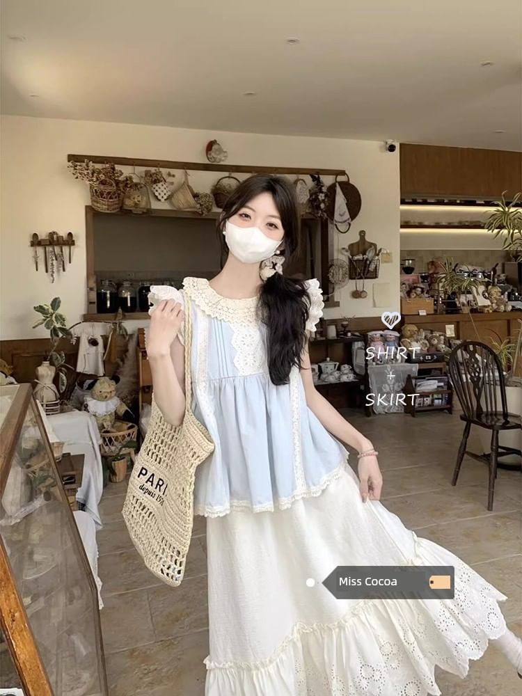 Pintuck Lace Panel Blouse with Midi A-Line Skirt