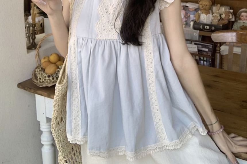 Pintuck Lace Panel Blouse with Midi A-Line Skirt
