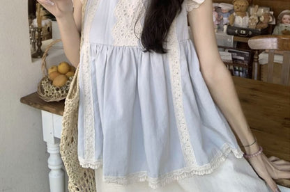 Pintuck Lace Panel Blouse with Midi A-Line Skirt