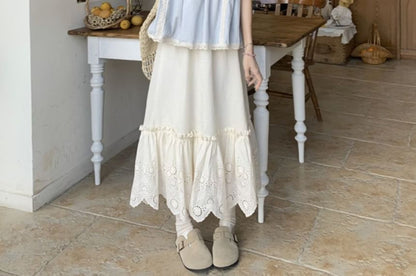 Pintuck Lace Panel Blouse with Midi A-Line Skirt