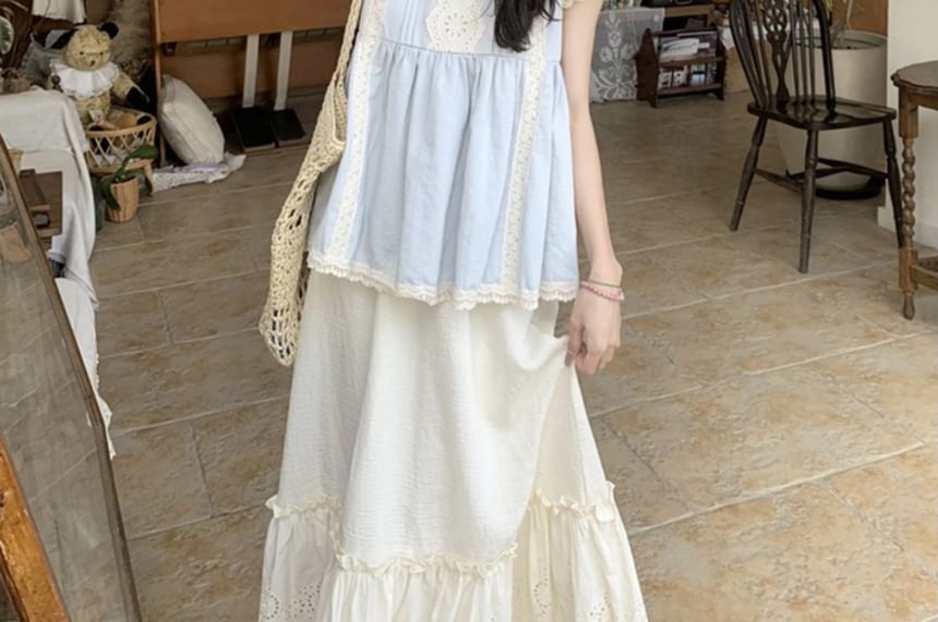 Pintuck Lace Panel Blouse with Midi A-Line Skirt