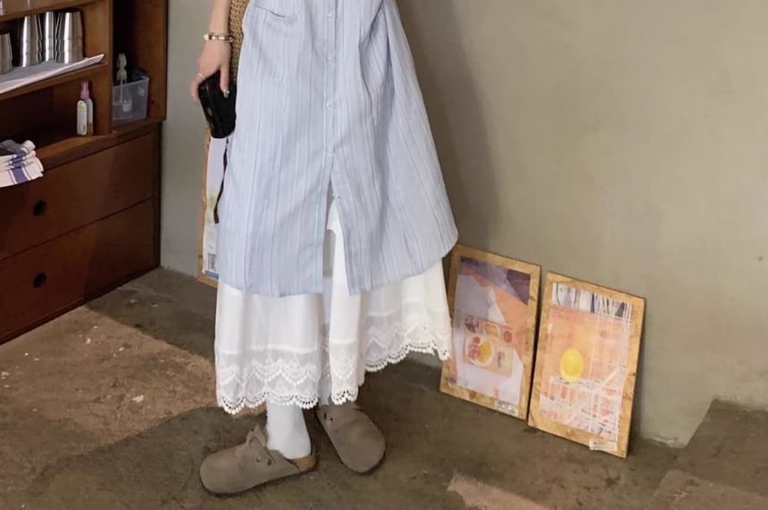 Striped Midi Shirt Dress with Lace Panel A-Line Skirt & Elastic Waist
