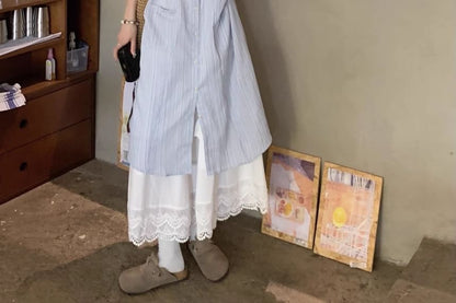 Striped Midi Shirt Dress with Lace Panel A-Line Skirt & Elastic Waist