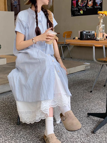 Striped Midi Shirt Dress with Lace Panel A-Line Skirt & Elastic Waist