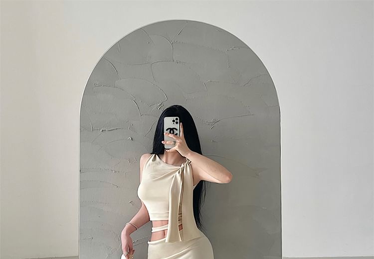 One-Shoulder Tie-Up Top with Cutout Midi Pencil Skirt