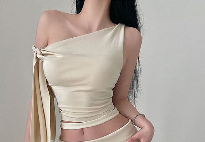 One-Shoulder Tie-Up Top with Cutout Midi Pencil Skirt