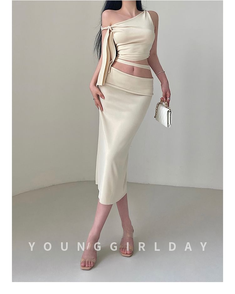 One-Shoulder Tie-Up Top with Cutout Midi Pencil Skirt