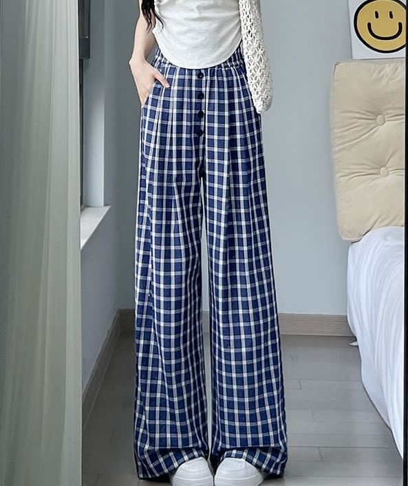 Button Applique High Rise Elastic Waist Plaid Wide Leg Pants