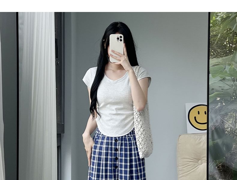 Button Applique High Rise Elastic Waist Plaid Wide Leg Pants